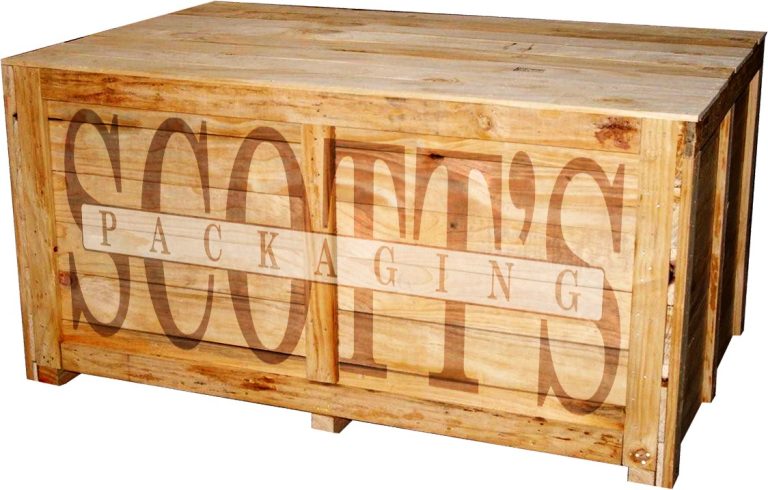 Wooden packaging box with the original Scott's Packaging logo