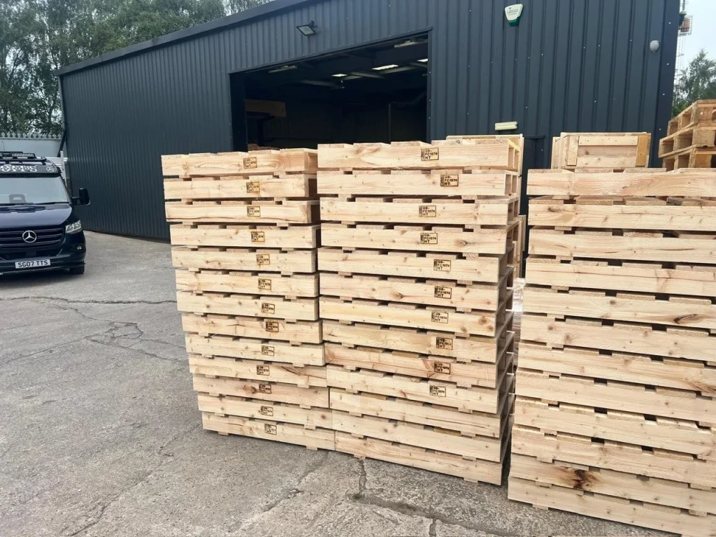 Stacked timber pallets
